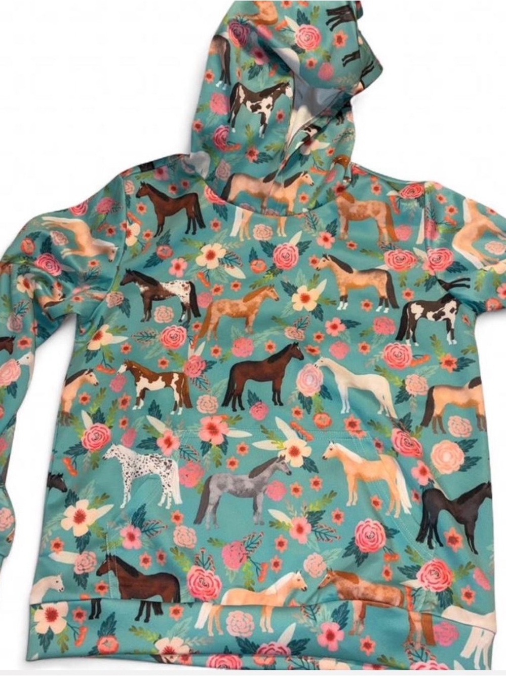 Kids Teal Horse Print Hoodie - Floral Pony Pullover